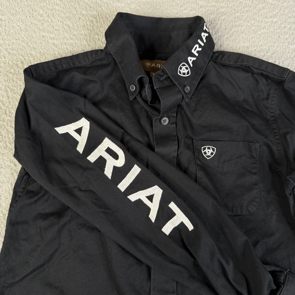 Ariat Button Down Shirt Boys M 10-12 Black Team Logo Long Sleeve Western Cotton
